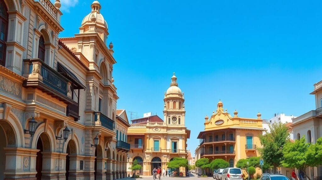 Régi gyarmati épületek Batouri központjában, Kamerunban.