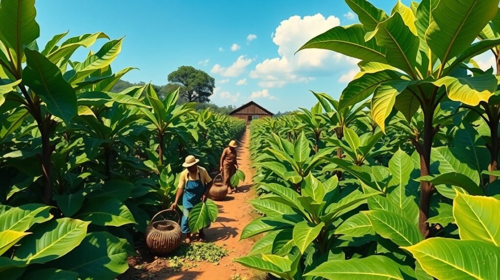 Dohányültetvény Batouri közelében, Kamerunban, tüntetve a helyi kultúrát.