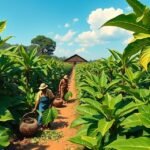 Dohányültetvény Batouri közelében, Kamerunban, tüntetve a helyi kultúrát.