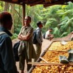 Helyi bányászok Batouri aranybányájában, kézműves aranykitermelés.