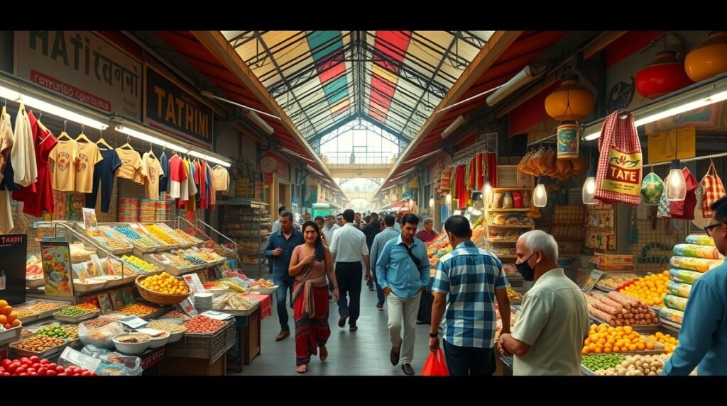 Batouri központi piacának forgataga friss gyümölcsökkel és helyi kézművesekkel.