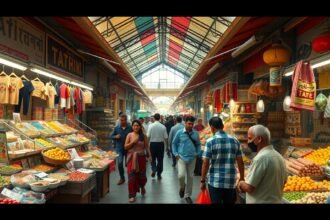 Batouri központi piacának forgataga friss gyümölcsökkel és helyi kézművesekkel.