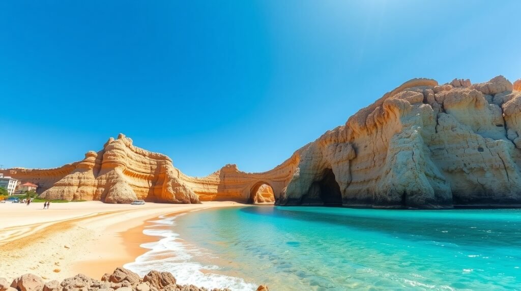 Praia de São Rafael sziklaformációi és homokos tengerpartja