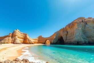 Praia de São Rafael sziklaformációi és homokos tengerpartja