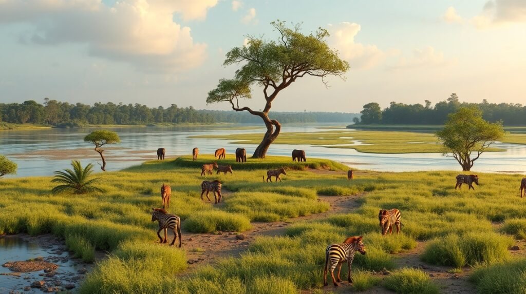 Zebrák a Kadey folyó partján Batouriban, Kamerun gyönyörű táján.