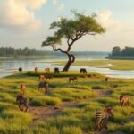 Zebrák a Kadey folyó partján Batouriban, Kamerun gyönyörű táján.