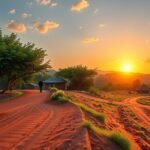 Naplemente Batouri vörös földútján séta közben