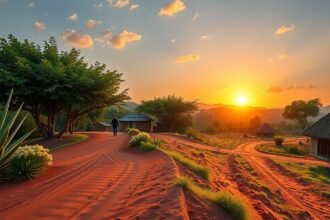 Naplemente Batouri vörös földútján séta közben