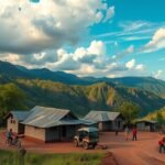 Panoráma a Kambele bányászfalu tájáról, zöld dombokkal és hegyekkel.