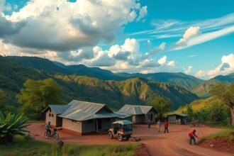 Panoráma a Kambele bányászfalu tájáról, zöld dombokkal és hegyekkel.