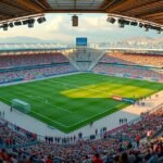 A helyi foci stadion Batouriban, tele lelkes szurkolókkal és élettel.