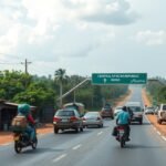 A Batouri felé vezető út Kamerunban, Közép-Afrika határa.