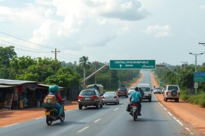 A Batouri felé vezető út Kamerunban, Közép-Afrika határa.