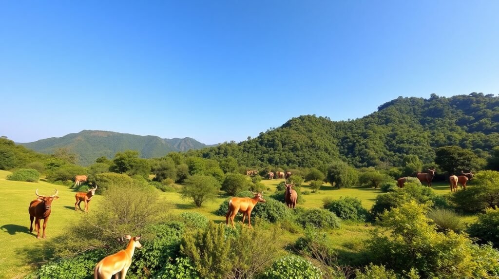 Batouri vidéke zöldellő tájjal és állatokkal, Kamerunban.