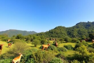 Batouri vidéke zöldellő tájjal és állatokkal, Kamerunban.