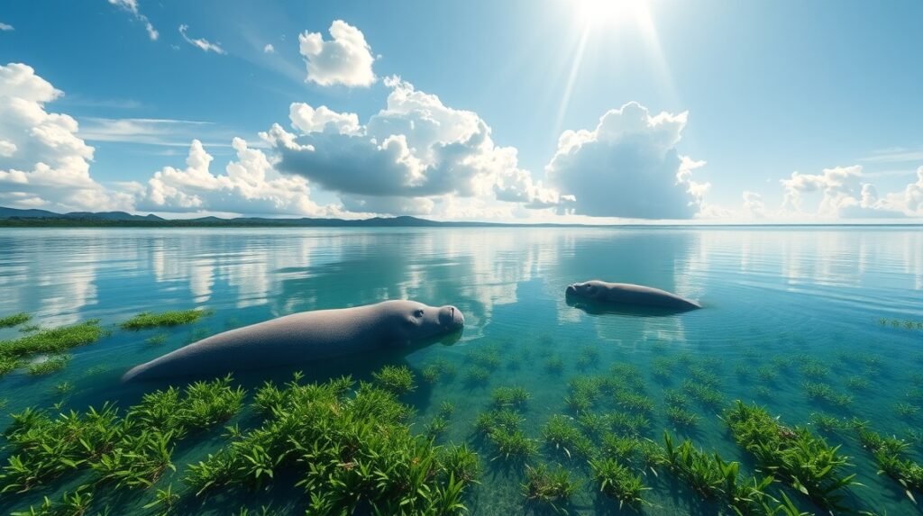 Két manátusz pihen az Ossa-tó türkiz vízében, mangrove-környezetben.