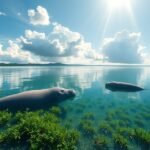 Két manátusz pihen az Ossa-tó türkiz vízében, mangrove-környezetben.