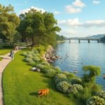 Séta a Sanaga partján, gyönyörű tájban helyi állatokkal és pihenő emberekkel.