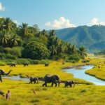 Elefántok sétálnak zöld pázsiton és folyó mellett, trópusi tájban