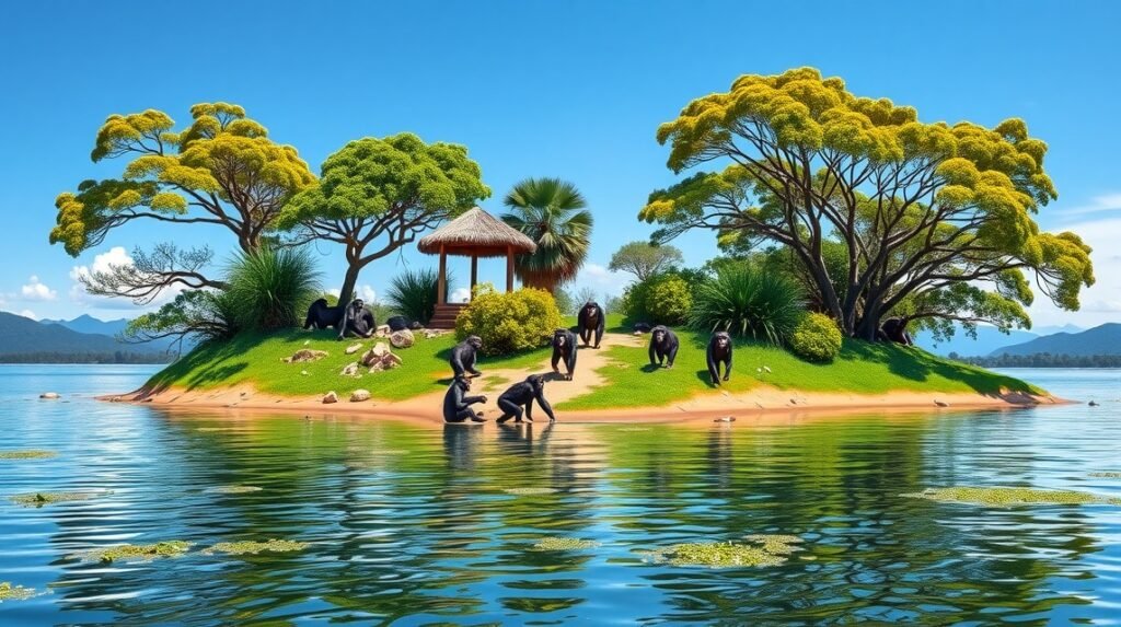 Pongo Songo csimpánzsziget Edéa közelében, gyönyörű tájjal és játékos csimpánzokkal