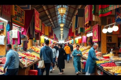 Pezsgő Marché Central piac Edéában, trópusi gyümölcsökkel és kézműves termékekkel