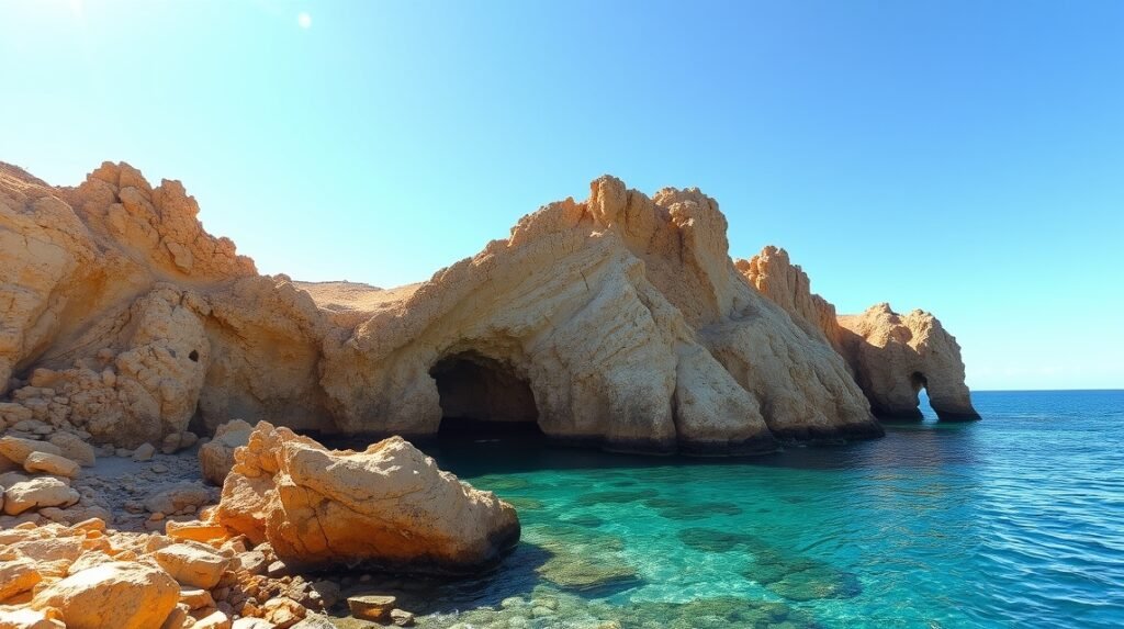 Xorino-barlang Albufeira közelében, türkiz tenger és sziklafalak.