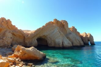 Xorino-barlang Albufeira közelében, türkiz tenger és sziklafalak.