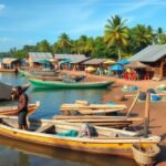Malimba halászfalu Kikötőjének panoráma, színes csónakokkal és helyi élettel.