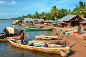 Malimba halászfalu Kikötőjének panoráma, színes csónakokkal és helyi élettel.