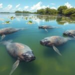 Manátuszok az Ossa-tó vízén, védett élővilág.