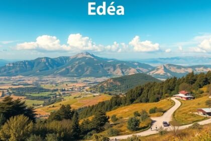 Látkép Edéa városáról, Kamerun zöld dombjaival és hegyvonulataival.