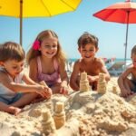 Gyerekek játszanak a homokban Albufeira tengerpartján.