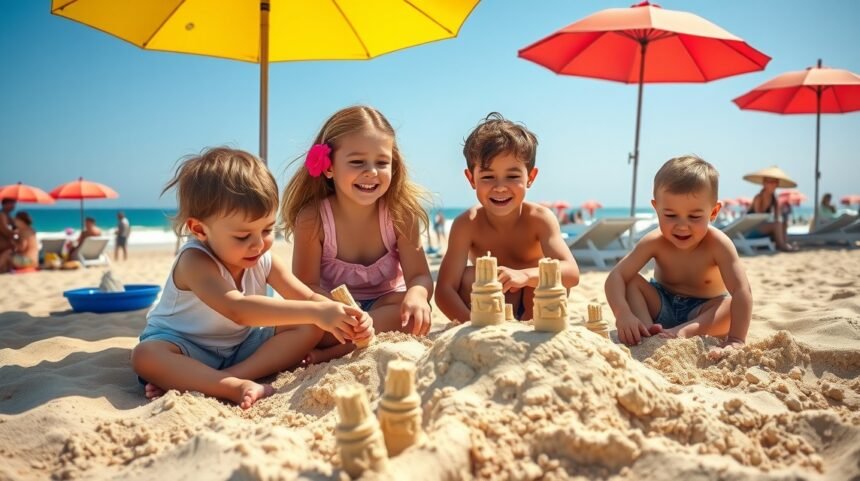 Gyerekek játszanak a homokban Albufeira tengerpartján.