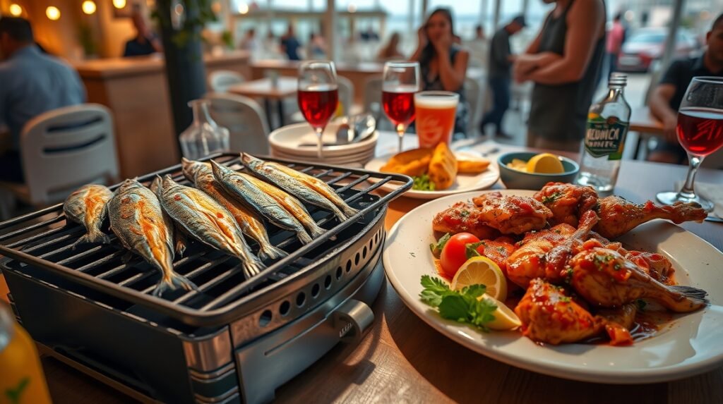 Ropogósra grillezett szardínia és csirke Piri-Piri fűszerezéssel Albufeirában