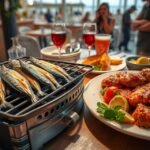 Ropogósra grillezett szardínia és csirke Piri-Piri fűszerezéssel Albufeirában