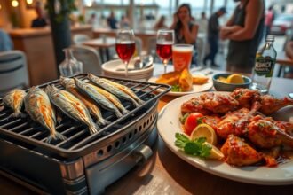 Ropogósra grillezett szardínia és csirke Piri-Piri fűszerezéssel Albufeirában