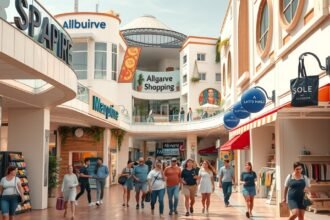 Az Algarve Shopping központ látképe Albufeirában, vásárlókkal.