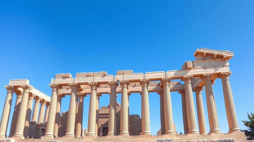 Évóra Római Templom monumentális oszlopai a kék égen.