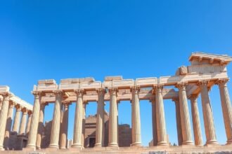 Évóra Római Templom monumentális oszlopai a kék égen.