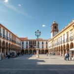 Giraldo tér árkádjai Évorában, Portugáliában, látogatók a téren