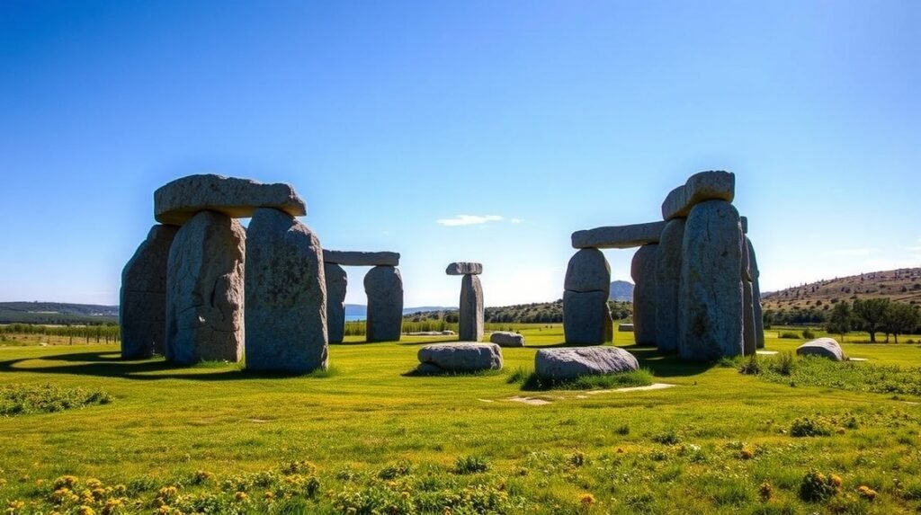 Almendres Cromlech, a leghíresebb megalitikus emlékhely Évora közelében Portugáliában.