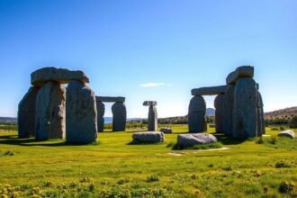 Almendres Cromlech, a leghíresebb megalitikus emlékhely Évora közelében Portugáliában.