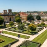 Évora Városi Park zöld területe és pavilonok a napsütésben.