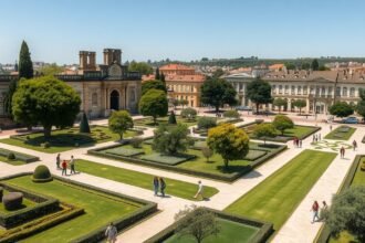Évora Városi Park zöld területe és pavilonok a napsütésben.