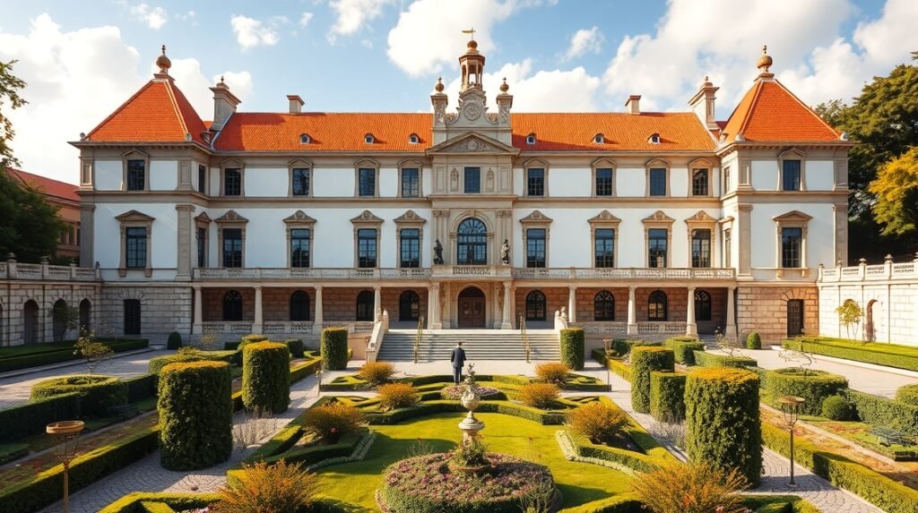 A Cadaval hercegi palota Évorában, gyönyörű kerttel és díszes építészettel.