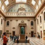 Évora Múzeum belső terének panorámája, műalkotások és látogatók