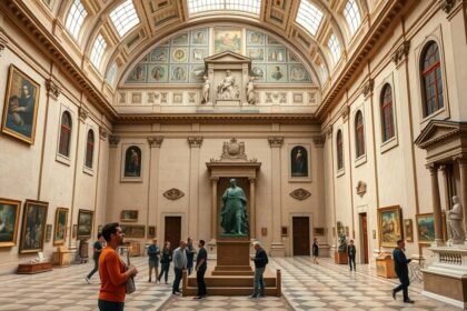 Évora Múzeum belső terének panorámája, műalkotások és látogatók