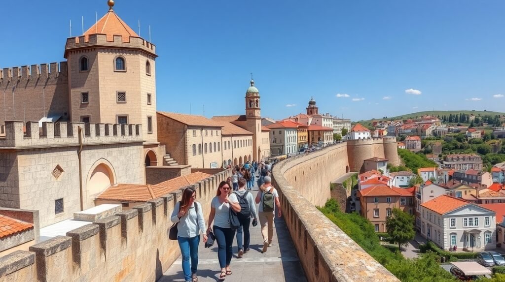 Séta a középkori városfalon Évorában, gyönyörű kilátással.