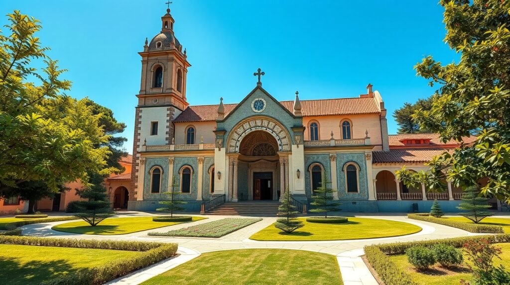 A Szent János evangélista templom Évorában, gyönyörű zöld környezetben.