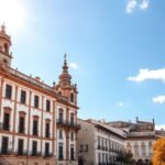 Évora városképe napfényben, gyönyörű épületekkel és kék éggel.